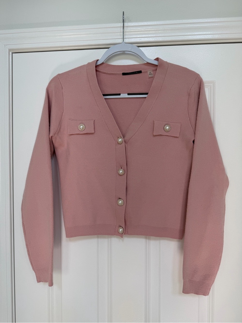 T Tahari Blush Pink V-Neck Pearl Button Cardigan